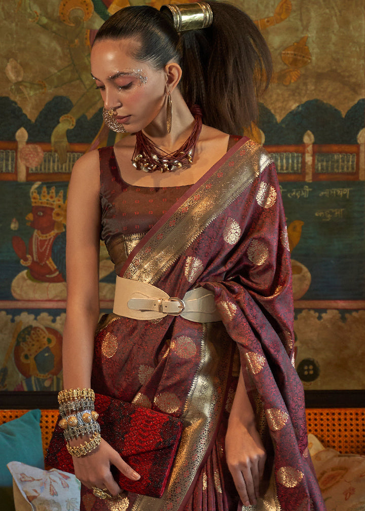 Pecan Brown Tanchoi Handloom Woven Satin Silk Saree