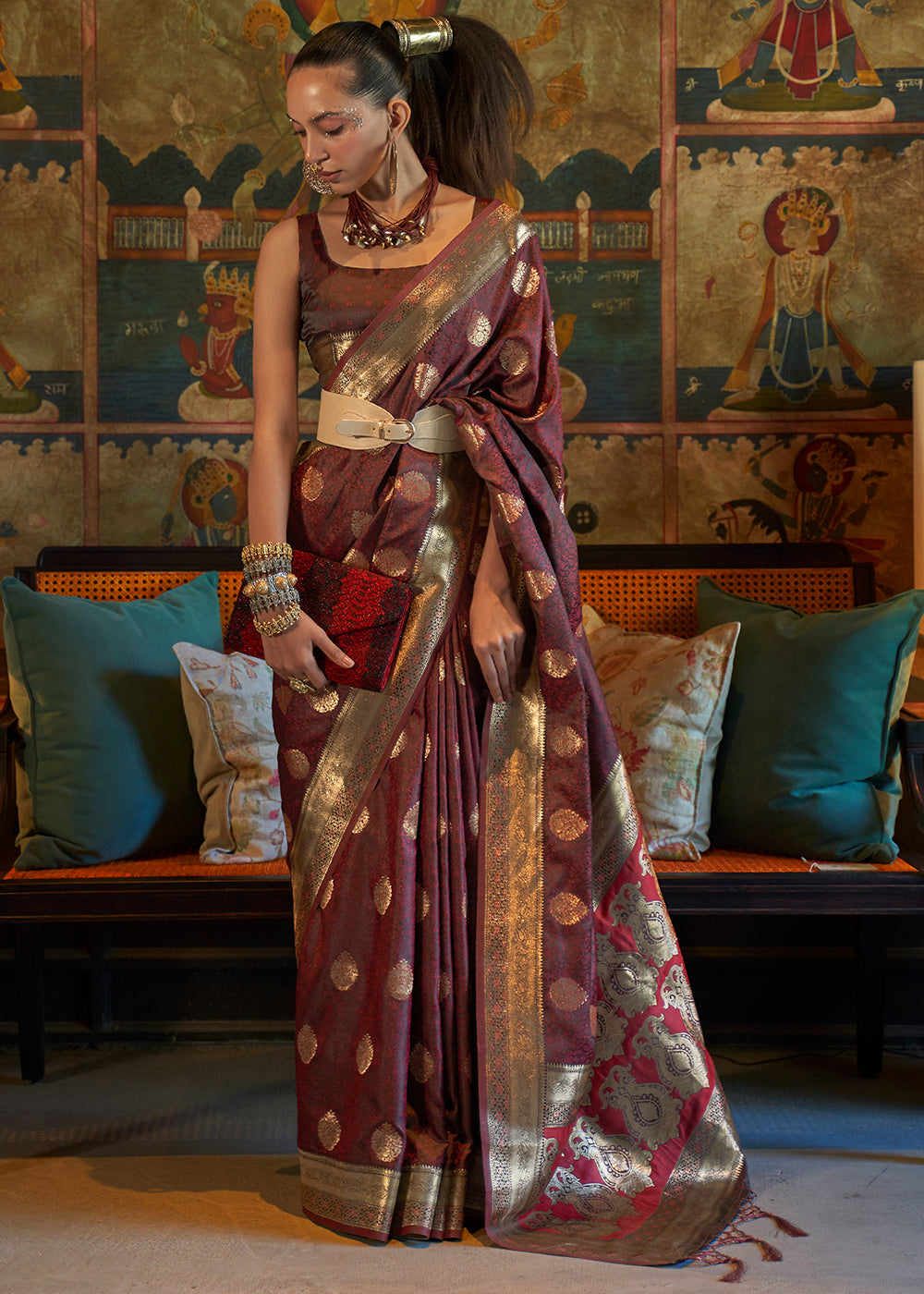 Pecan Brown Tanchoi Handloom Woven Satin Silk Saree