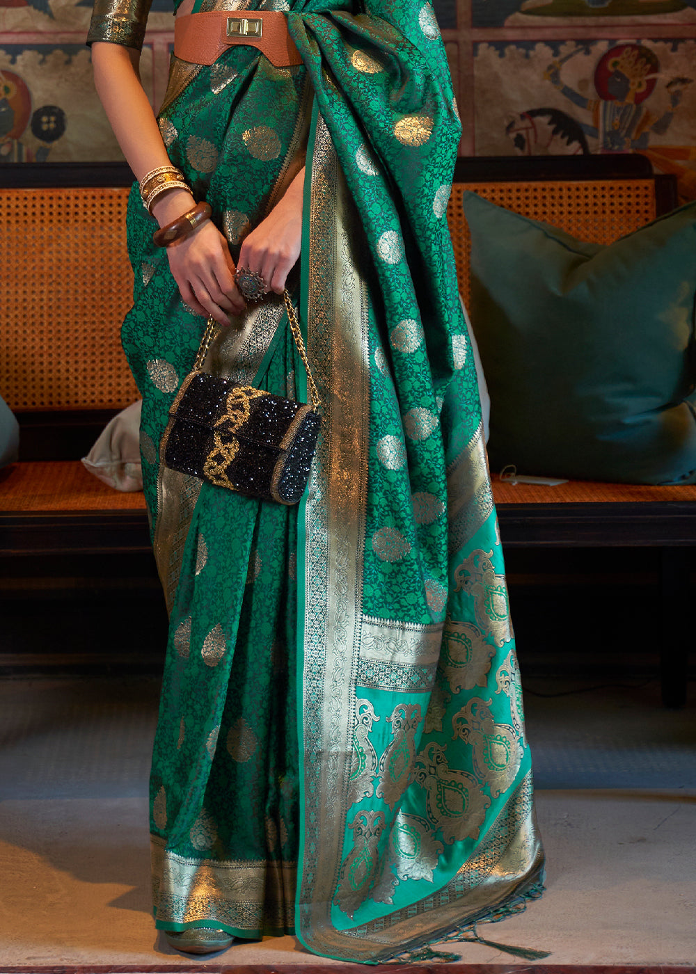 Teal Green Tanchoi Handloom Woven Satin Silk Saree