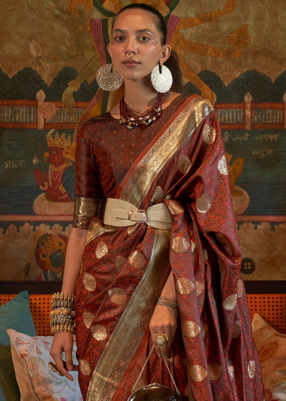 Cinnamon Brown Tanchoi Handloom Woven Satin Silk Saree