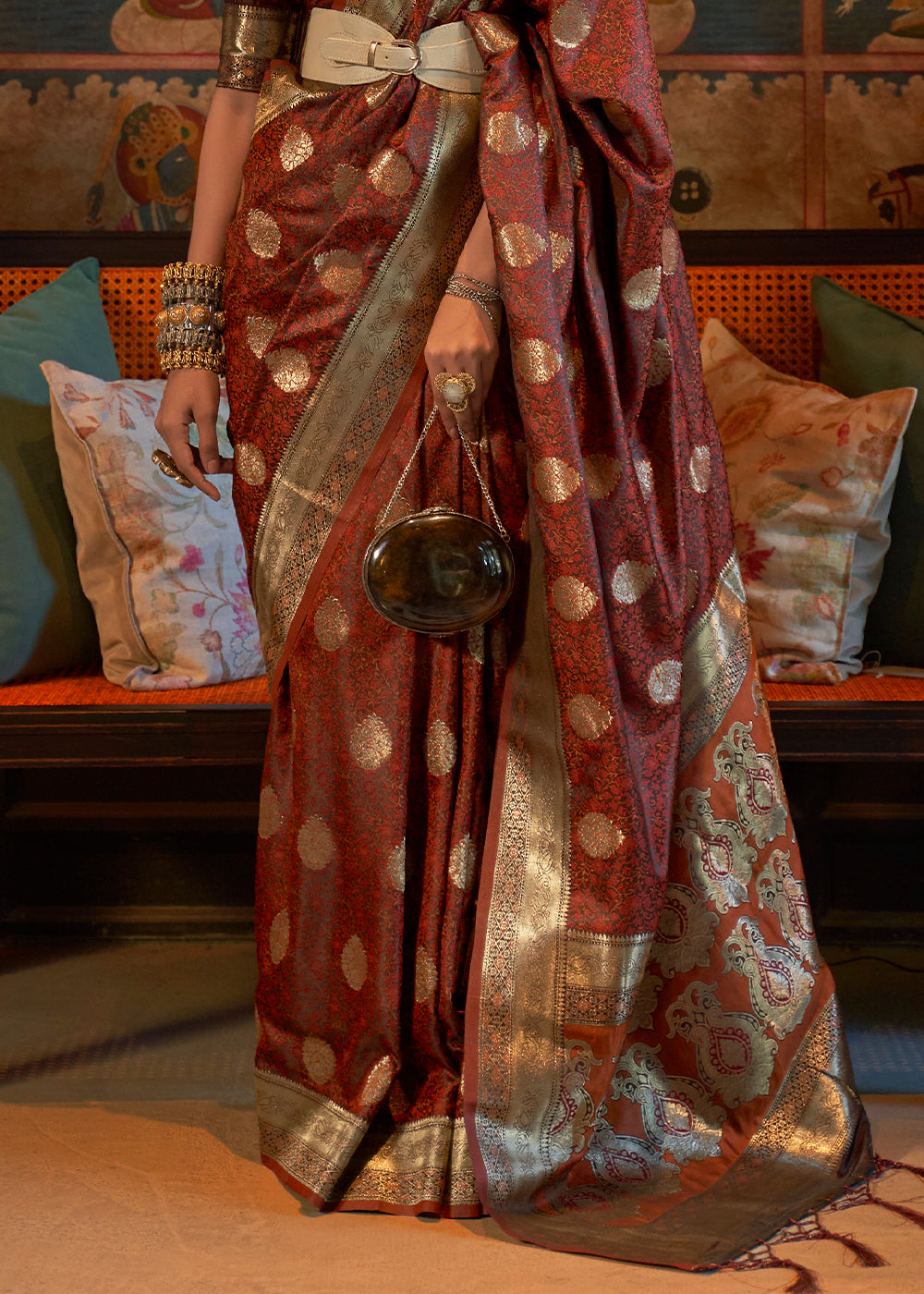 Cinnamon Brown Tanchoi Handloom Woven Satin Silk Saree