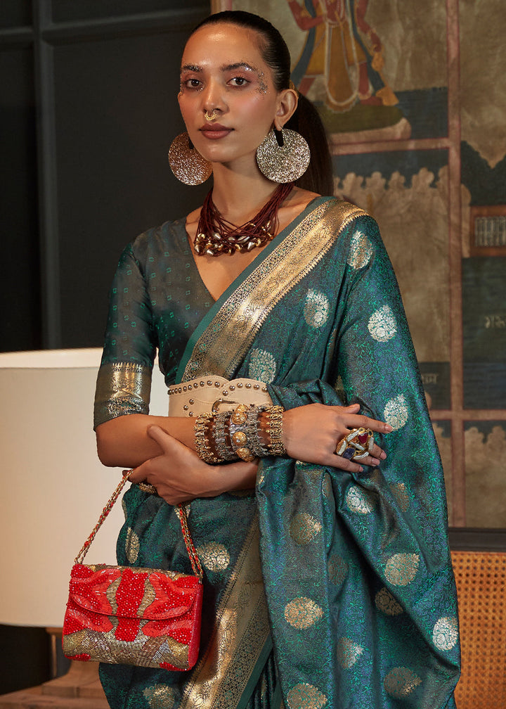 Indigo Dye Blue Tanchoi Handloom Woven Satin Silk Saree