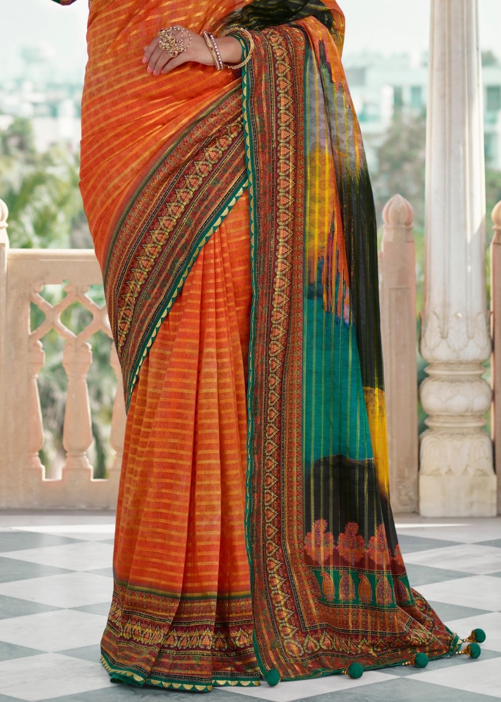 Fire Orange Digital Print Silk Saree