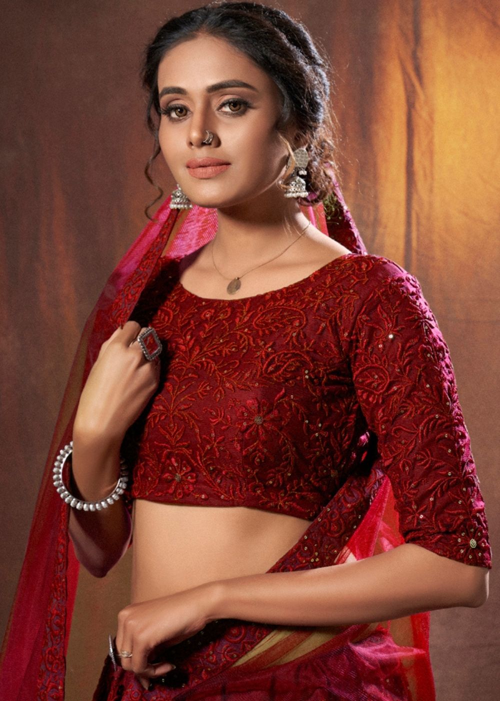 Barn Red Designer Soft Net Lehenga Choli with Thread & Sequins work