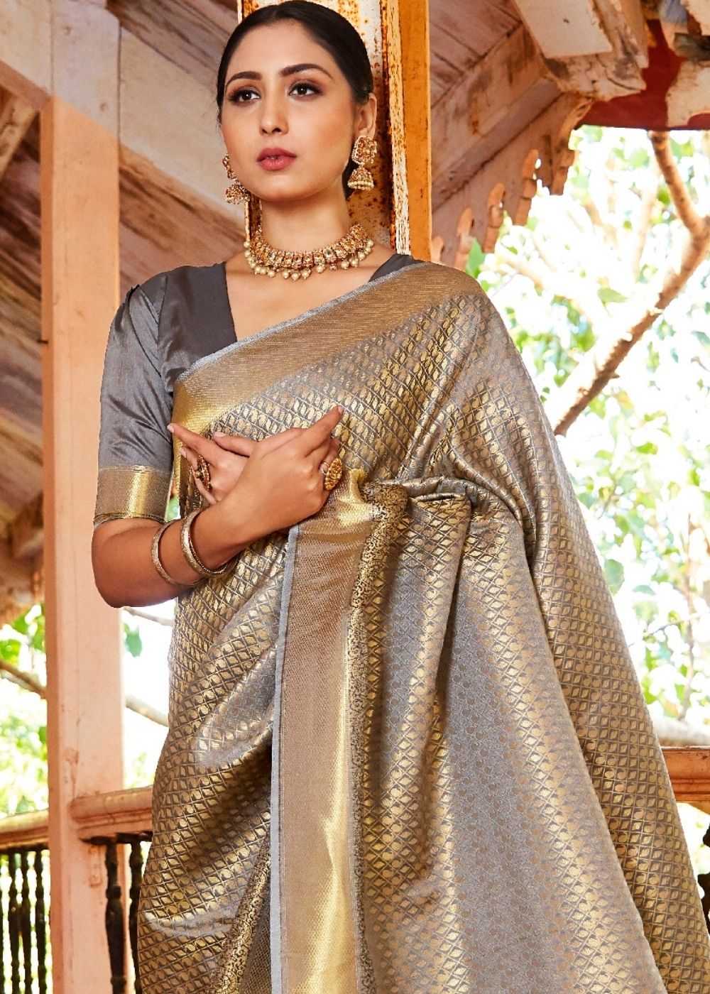 Dove Grey Zari Woven Kanjivaram Silk Saree