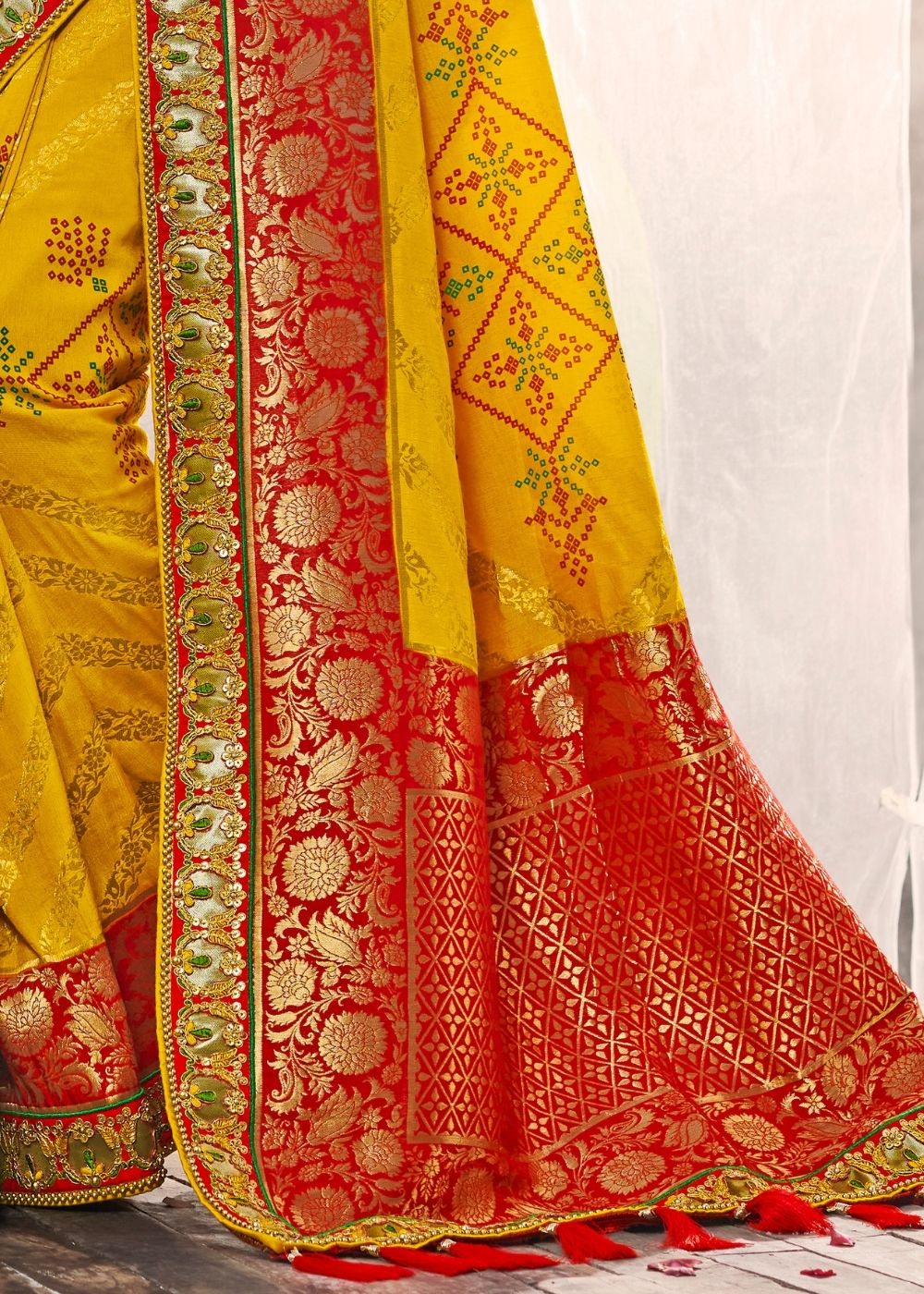 Butter Yellow and Red Banarasi Dola Silk Saree with Resham Embroidery, Zari and Sequence work