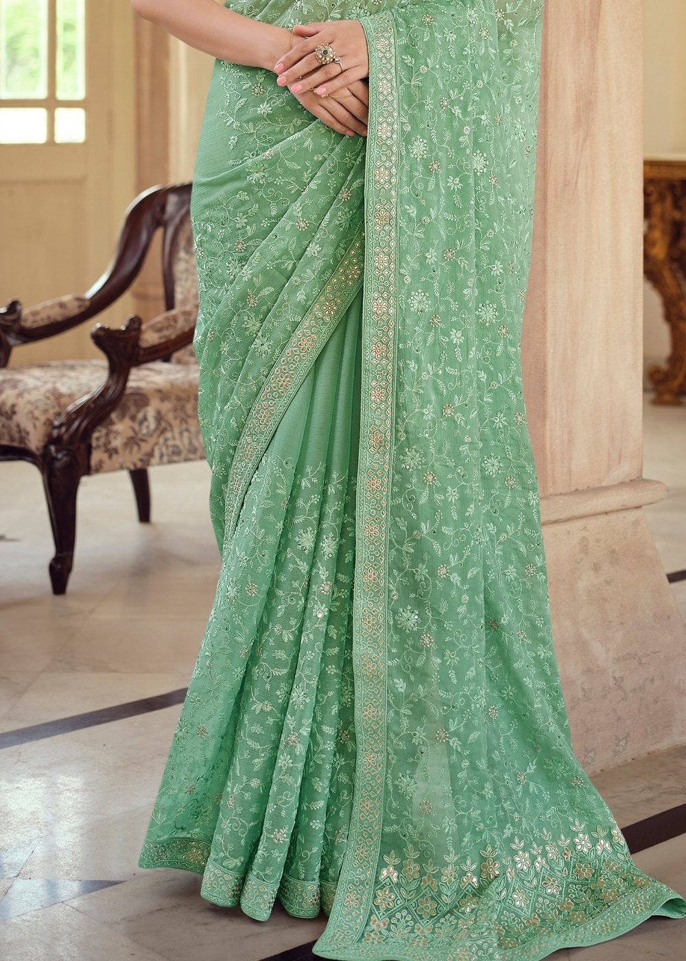 Chateau Green Designer Chiffon Saree with Gota & Resham work