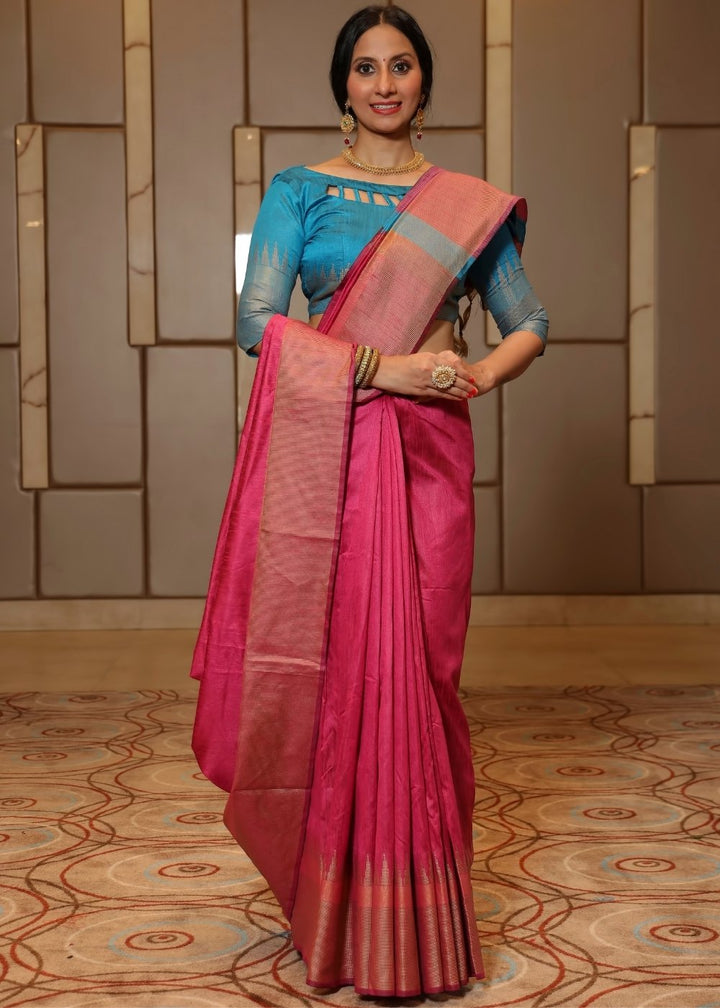 Hot Pink Art Silk Saree with Temple Border