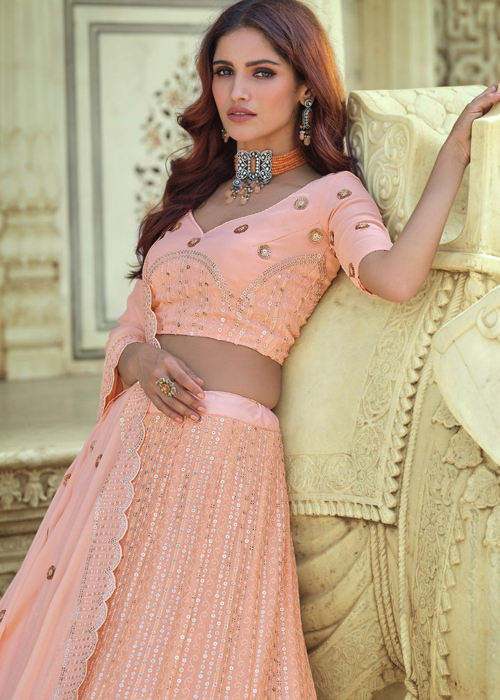 Salmon Pink Georgette Lehenga Choli with Sequins & Thread work