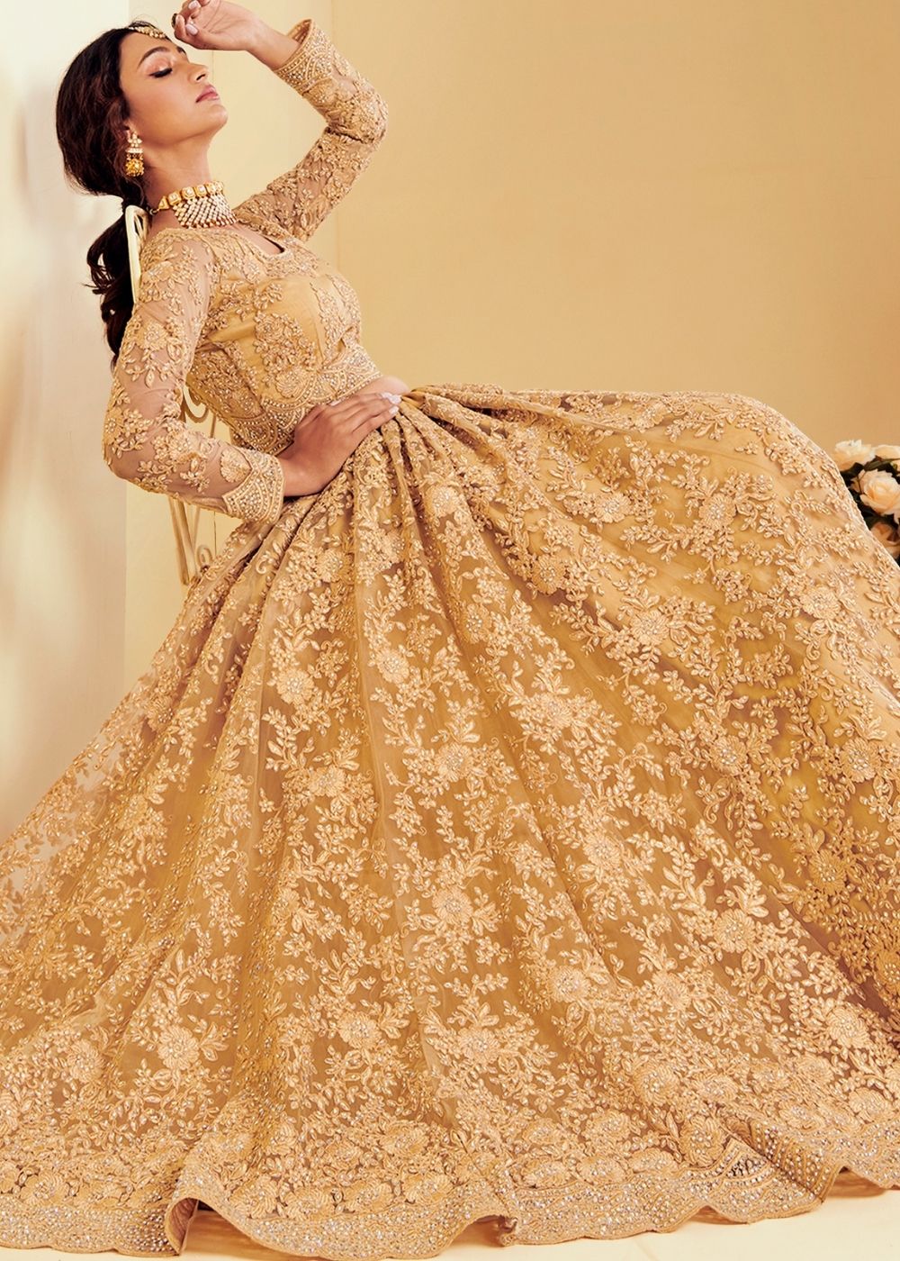 Antique Golden Soft Net Lehenga Choli with Cording Embroidery &  Stone work