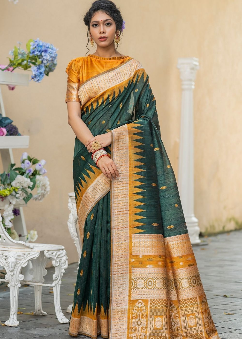 Pine Green Tussar Silk Saree with Heavy Zari work Pallu