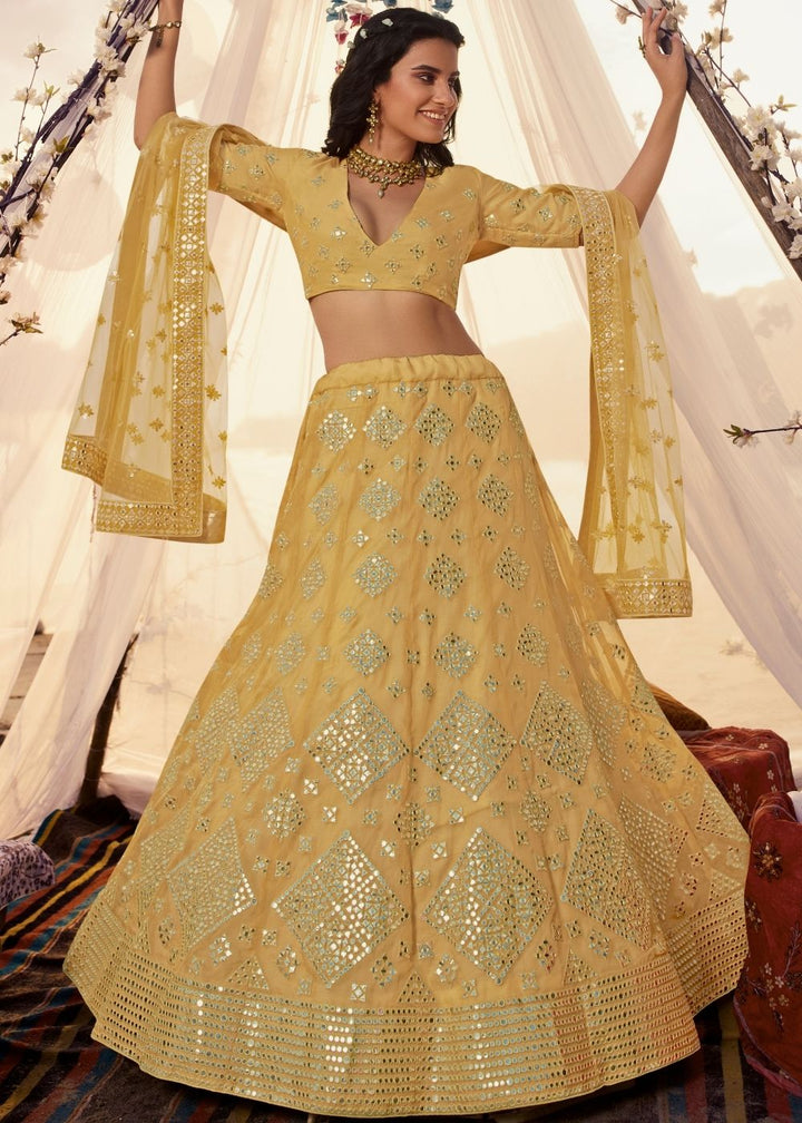 Canary Yellow Organza Lehenga Choli with Thread, Foli and Mirror work