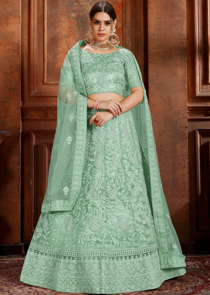 Pista Green Soft Net Lehenga Choli with Thread, Zarkan & Pearl work