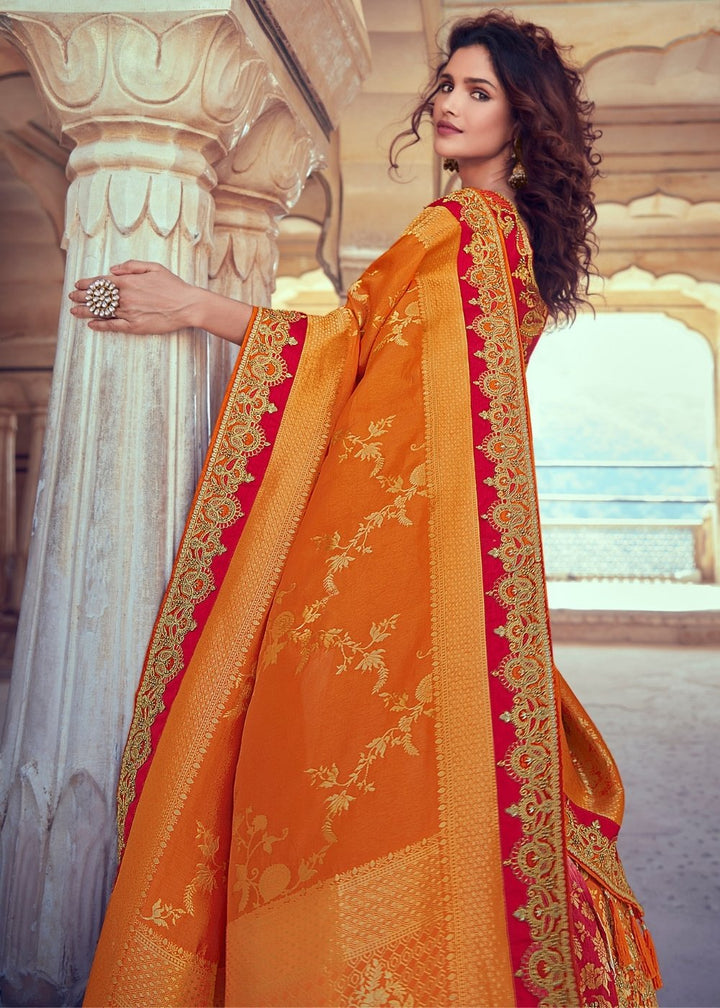 Daisy White & Orange Banarasi Silk Lehenga Choli with Khatli work Embroidery