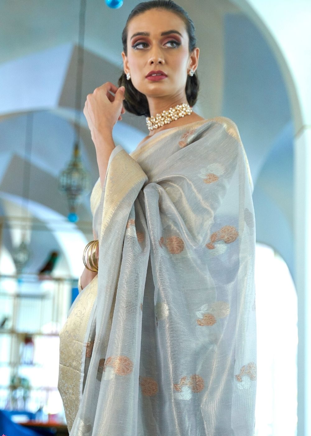 Cloudy Grey Zari Woven Organza Silk Saree