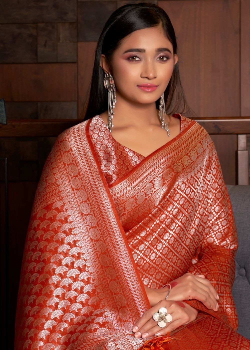 Persian Red Silver Zari work Kanjivaram Silk Saree