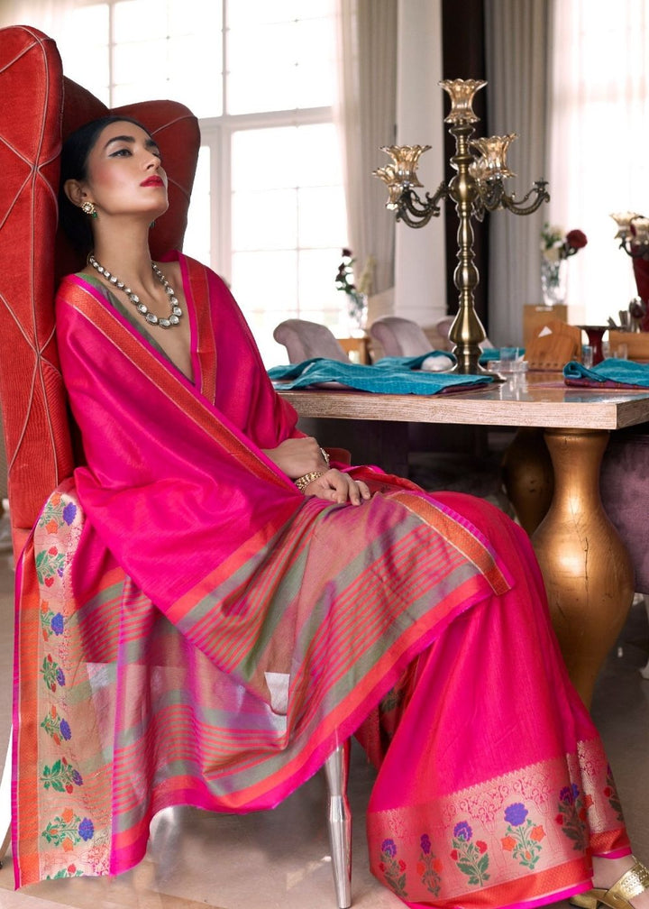 Hot Pink Handloom Weave Silk Saree