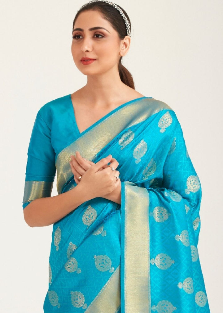 Olympic Blue Zari Butta Woven Banasari Silk Saree