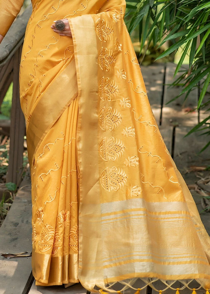 Gold Yellow Assam Silk Saree with Cut-Work Embroidery