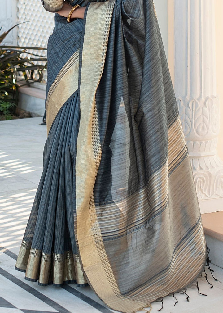 Iron Grey Zari Woven Designer Tussar Silk Saree