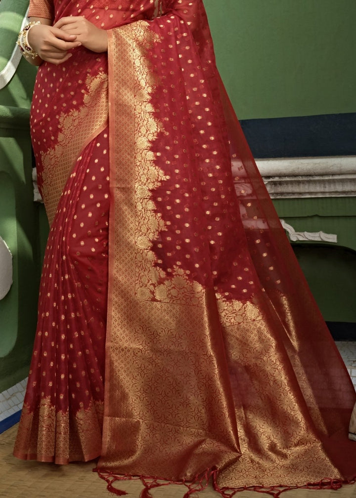 Berry Red Zari Woven Organza Silk Saree