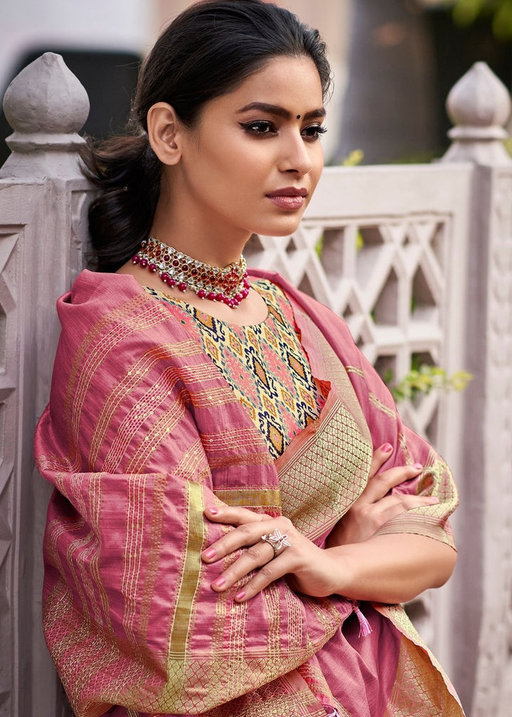 Tulip Pink Silk Saree having Zari Border & Sequins work