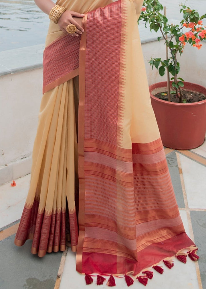 Cream White South Silk Saree with Tassels on Pallu