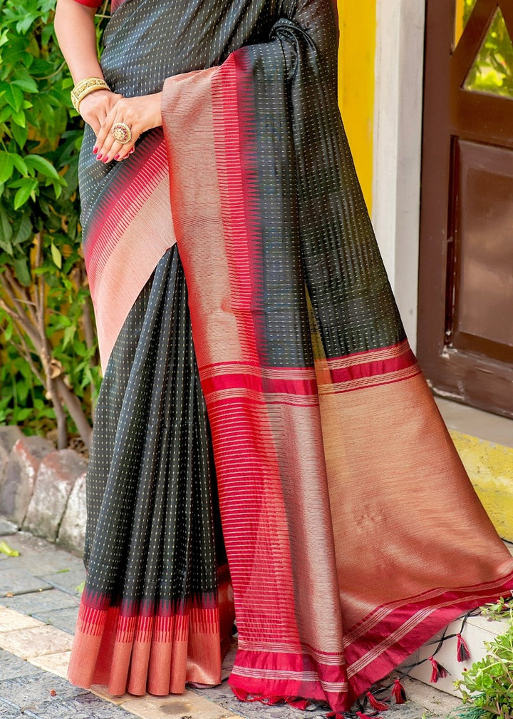 Jade Black Zari Weaving Silk Saree with Tassels on Pallu