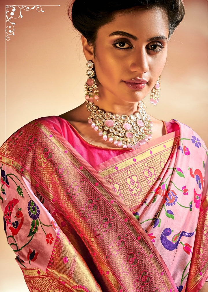 Taffy Pink Woven Banarasi Paithani Silk Saree