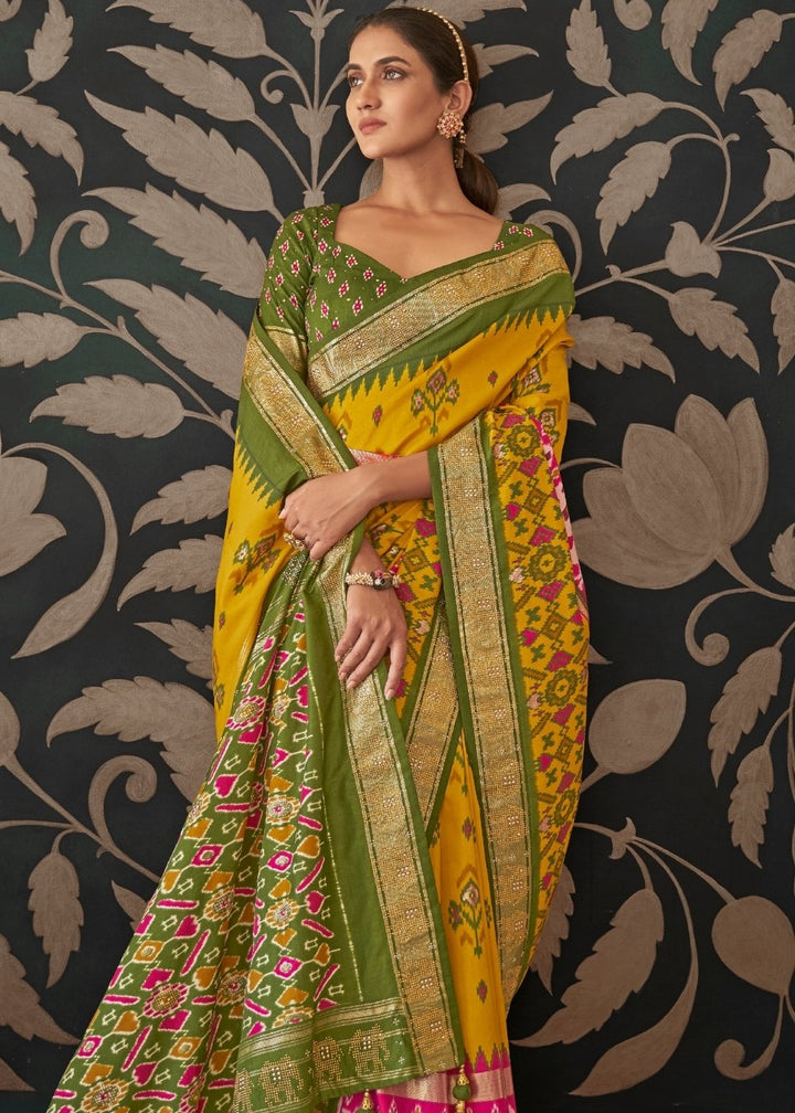 Yellow & Green Patola Silk Saree with Zari Border & Tassels On Pallu