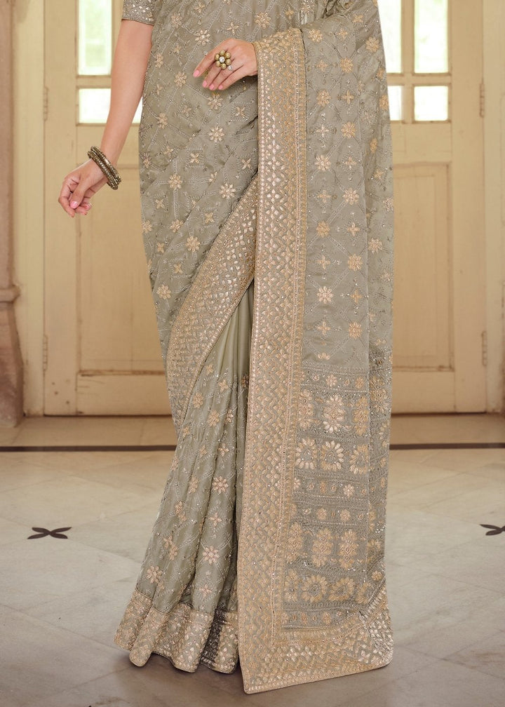 Trout Grey Designer Satin Georgette Saree with Gota & Resham work