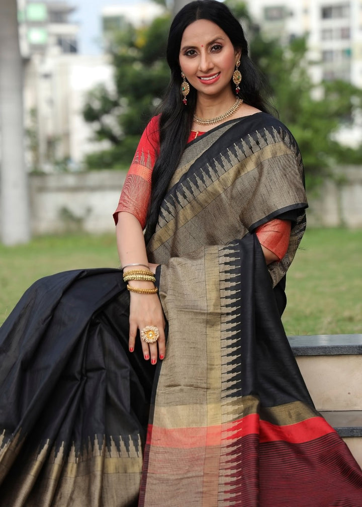 Onyx Black Art Silk Saree with Temple Border