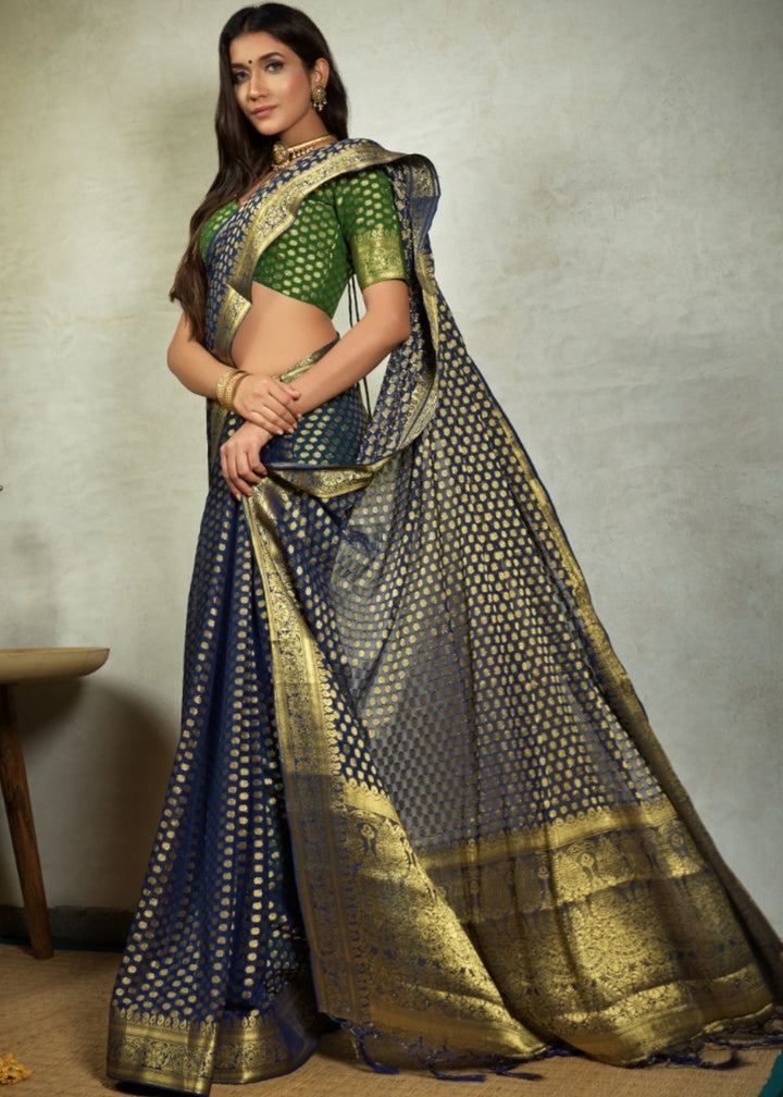 Denim Blue Zari Woven Chiffon Silk Saree