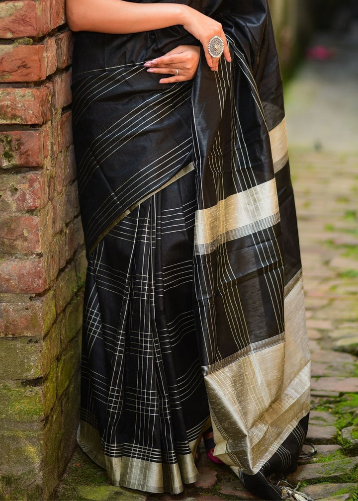 Midnight Black Designer Raw Silk Saree