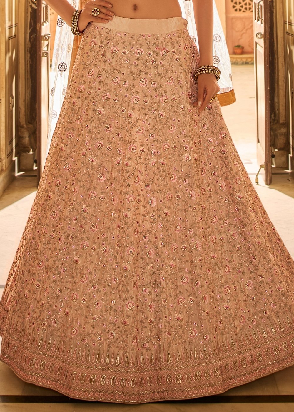 Peach Pink Crepe Lehenga Choli with Zari, Dori, Thread & Zarkan work