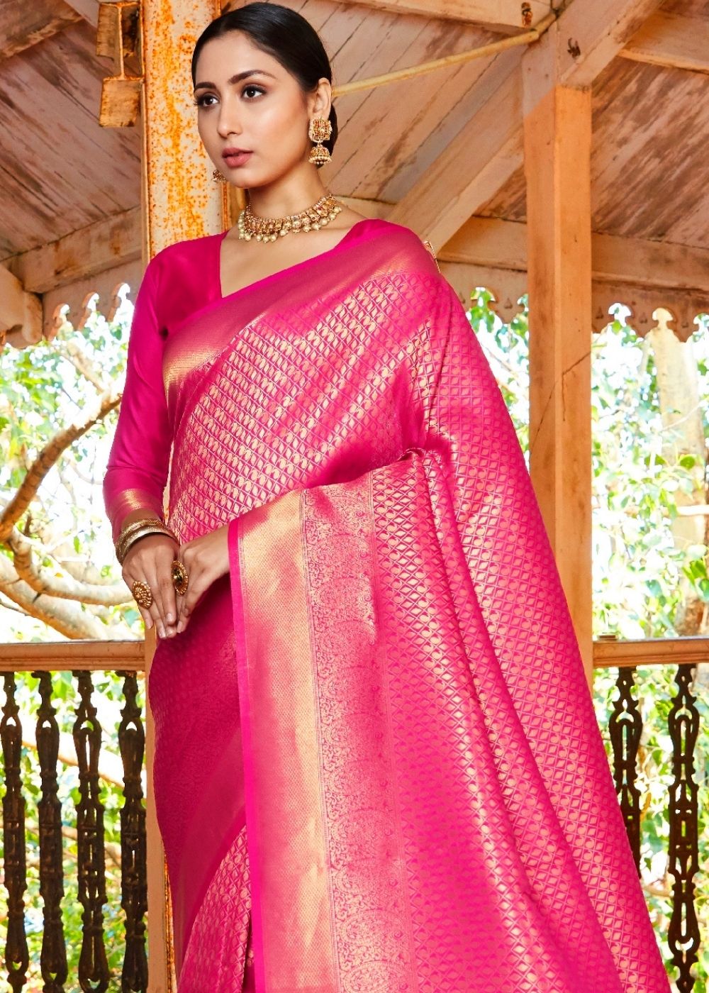 Hot Pink Zari Woven Kanjivaram Silk Saree