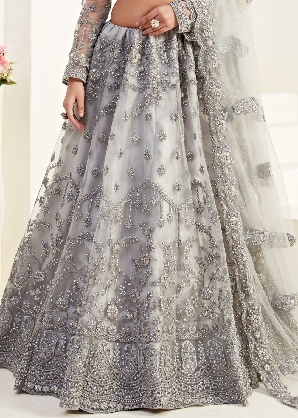 Pewter Grey Soft Net Lehenga Choli with Coding, Thread, Stonework & Badla Embroidery