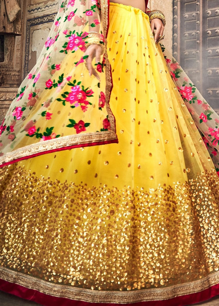 Electric Yellow Soft Net Lehenga Choli with Sequins,Thread & Zari work