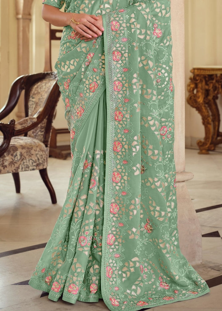 Fern Green Designer Satin Georgette Saree with Gota & Resham work