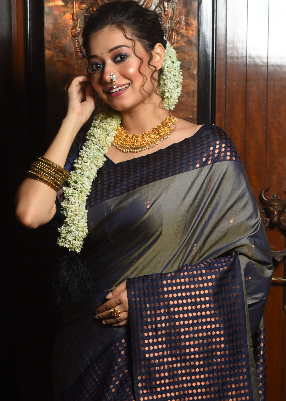 Gunmetal Grey Two Tone Zari Woven Banarasi Silk Saree