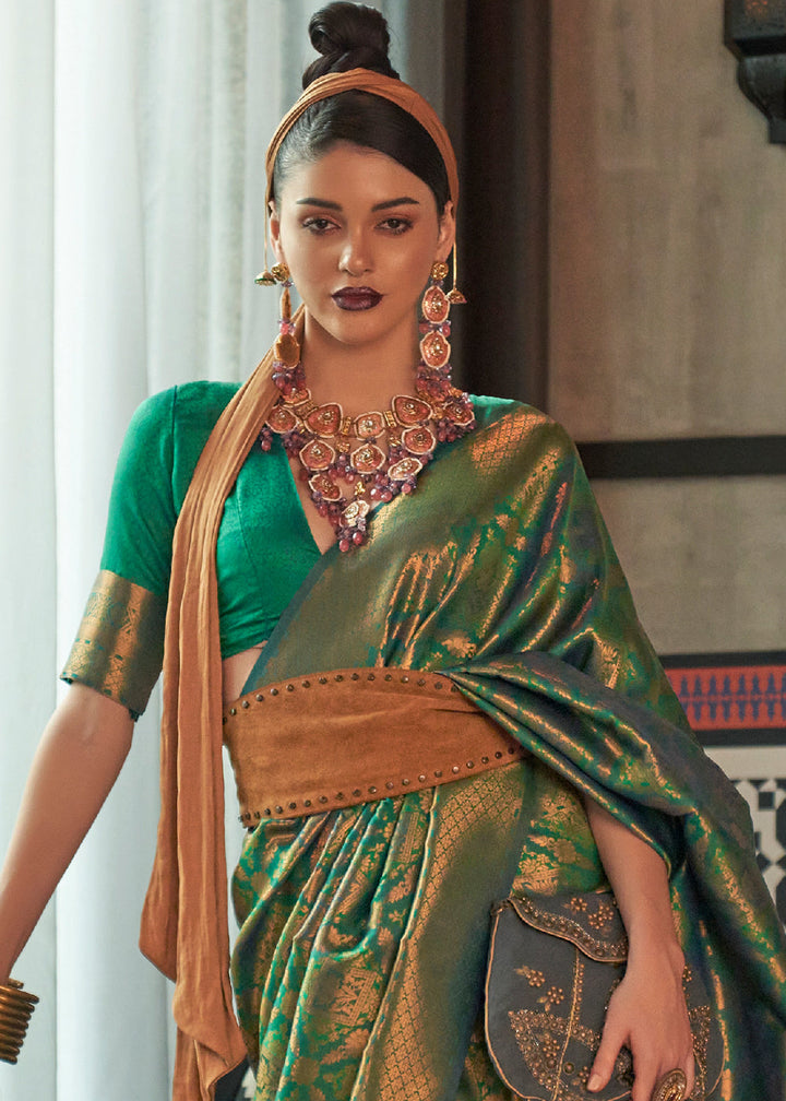 Viridian Green Two Tone Handloom Weaving Banarasi Silk Saree