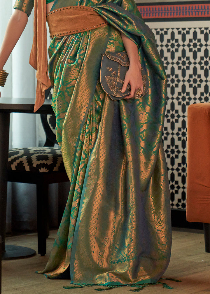 Viridian Green Two Tone Handloom Weaving Banarasi Silk Saree