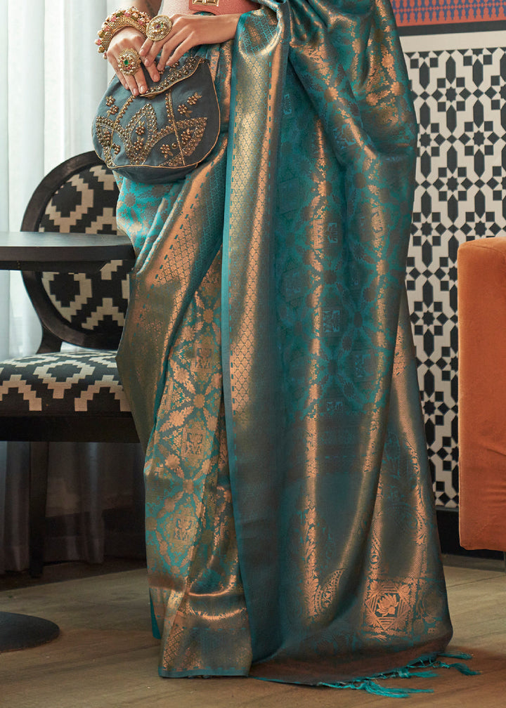 Cerulean Blue Two Tone Handloom Weaving Banarasi Silk Saree