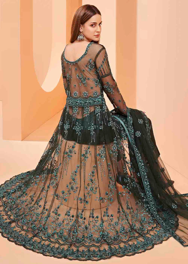 Dark Green Slit Net Cut Lehenga Suit with Embroidery