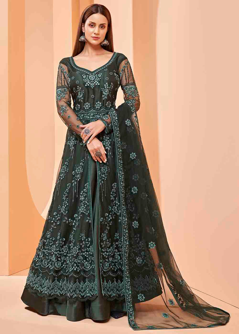 Dark Green Slit Net Cut Lehenga Suit with Embroidery