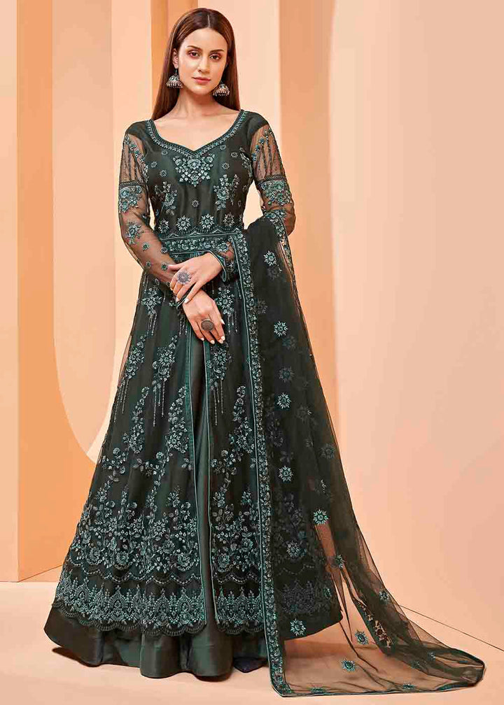 Dark Green Slit Net Cut Lehenga Suit with Embroidery