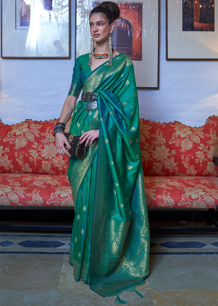 Dynasty Green Dual Tone Zari Woven Banarasi Silk Saree