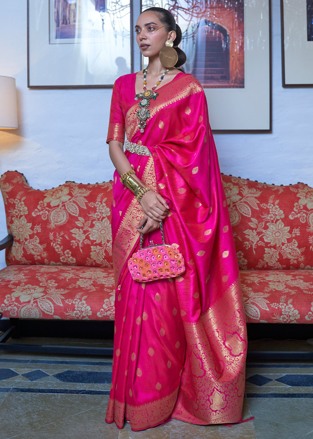 Hot Pink Dual Tone Zari Woven Banarasi Silk Saree