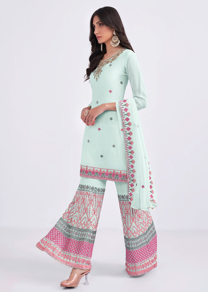 Arctic Blue Designer Georgette Embroidered Suit