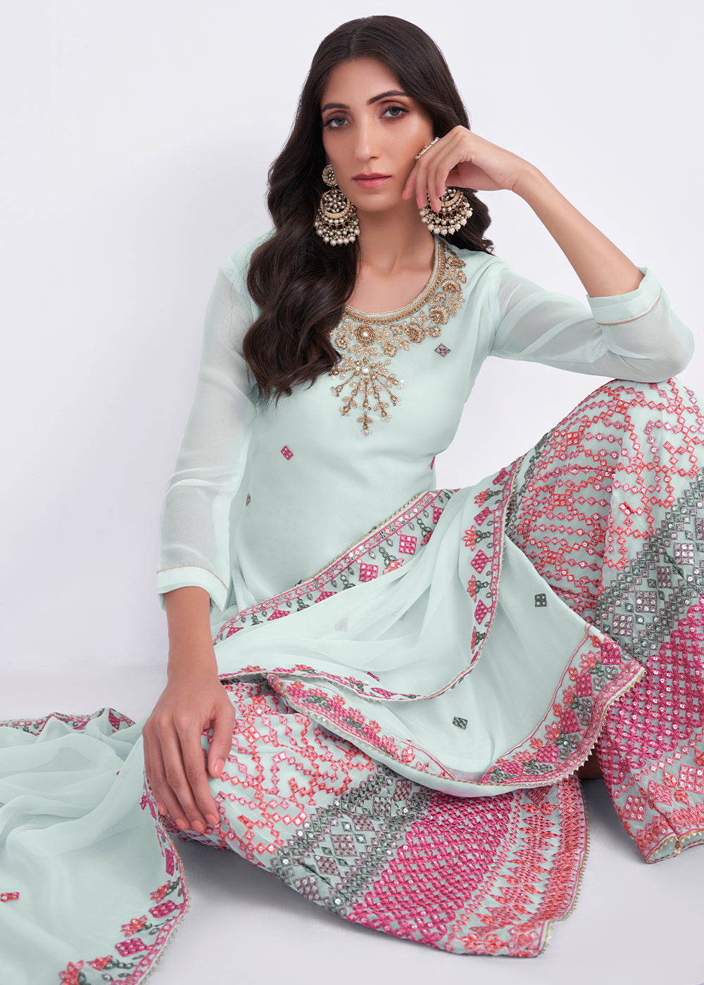 Arctic Blue Designer Georgette Embroidered Suit